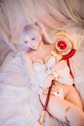 Rule 34 | 1girl, bed, bedroom, blue eyes, bra, breasts, bustier, cleavage, collarbone, cosplay, crossed legs, earrings, frieren, japanese (nationality), jewelry, lying, makeup, nagomitei chu3, navel, on back, on bed, panties, photo (medium), pointy ears, real life, revealing clothes, sousou no frieren, staff, staff (weapon), twintails, underwear, white bra, white panties