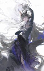 1boy :o absurdres animal_ears arknights arm_up black_dress black_hair chunbuchou crossdressing dress ebenholz_(arknights) expressionless feet_out_of_frame hair_between_eyes hand_on_own_chest highres horns layered_sleeves long_dress long_hair male_focus parted_lips purple_eyes solo very_long_hair white_background