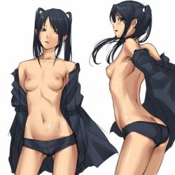 Rule 34 | 00s, 1girl, ass, back, black eyes, black hair, black panties, breasts, d.gray-man, female focus, grey eyes, legs, lenalee lee, midriff, mosha, navel, nipples, panties, petite, sideboob, simple background, small breasts, solo, tears, thighs, topless female, twintails, underwear, undressing, white background