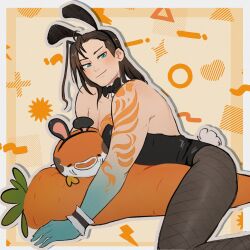 1boy animal_ears black_bow black_bowtie black_hairband black_leotard black_pantyhose blue_eyes border bow bowtie brown_hair carrot detached_collar fake_animal_ears fish fishnets hairband highres holostars holostars_english inchells josuiji_shinri koi koipanion_(josuiji_shinri) leotard long_hair looking_at_viewer male_focus male_playboy_bunny orange_background outline pantyhose patterned_background rabbit_ears rabbit_tail sitting sleeveless smile solo tail tattoo virtual_youtuber white_border wrist_cuffs