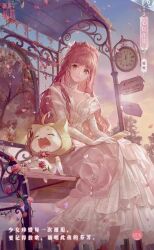Rule 34 | 1girl, ahoge, analog clock, animal, artist request, bare shoulders, blossoming impression (shining nikki), blue sky, blunt bangs, bow, bowtie, brown eyes, bus stop, cat, chinese text, cloak, clock, closed eyes, closed mouth, clothed animal, cloud, collarbone, commentary, copyright name, dress, drooling, ear covers, earrings, elbow gloves, english commentary, eyelashes, feet out of frame, flower, flower dress, frilled dress, frills, gloves, gown, gradient sky, hair bun, hair flower, hair ornament, hands on lap, happy, high heels, highres, hood, hood up, hooded cloak, jewelry, layered dress, light particles, lipstick, logo, long dress, long hair, makeup, momo (nikki), nikki (nikki), nikki (series), official art, on bench, outdoors, petals, pink dress, pink flower, pink hair, pink lips, pink rose, pink shoes, plant, pumps, red bow, red bowtie, red flower, red rose, rose, rose petals, shining nikki, shoes, single hair bun, single sidelock, sitting, sky, skyline, sleeping, smile, strapless, strapless dress, sun, sunlight, sunset, third-party source, translation request, tree, very long hair, vines, wavy hair, whiskers, white cat, white dress, white flower, white gloves, yellow cloak, yellow sky
