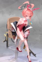 1girl 3d ahoge animal_ears asymmetrical_bangs bandaid bandaid_on_knee bandaid_on_leg blue_archive bow bowtie braid detached_collar fake_animal_ears gun high_heels highleg highleg_leotard highres huge_ahoge iruza jacket leotard neru_(blue_archive) neru_(bunny)_(blue_archive) oversized_breast_cup pink_hair playboy_bunny red_bow red_bowtie red_eyes sig_sauer sig_mpx single_braid solo strapless strapless_leotard submachine_gun weapon