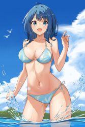 1girl absurdres ahoge bikini blue_bikini blue_eyes blue_hair blue_sky breasts cevi79604876054 cleavage cloud commentary cowboy_shot day highres large_breasts looking_at_viewer make_heroine_ga_oo_sugiru! medium_breasts medium_hair outdoors print_bikini side-tie_bikini_bottom sky smile solo standing swimsuit water yanami_anna