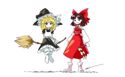 2girls apron bare_shoulders black_hat black_shirt black_skirt blonde_hair blunt_bangs boots braid broom broom_riding collared_shirt detached_sleeves embodiment_of_scarlet_devil eyebrows_hidden_by_hair frilled_apron frilled_hat frilled_shirt frilled_shirt_collar frilled_skirt frills gohei hair_ornament hair_ribbon hair_tubes hakurei_reimu hat hat_ornament highres holding holding_gohei japanese_clothes kirisame_marisa long_sleeves looking_at_viewer medium_hair miko multiple_girls neckerchief nontraditional_miko parted_bangs puffy_short_sleeves puffy_sleeves raised_eyebrows red_eyes red_neckerchief red_ribbon red_skirt red_vest ribbon ribbon_braid shirt short_sleeves signature simple_background skirt sleeveless smile smug touhou vest wavy_hair white_apron white_background white_boots white_ribbon white_shirt white_sleeves witch witch_hat yellow_eyes yoiy_san
