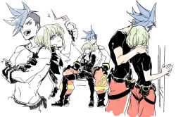 2boys belt belt_pouch black_belt black_boots black_gloves black_jacket black_pants black_shirt black_shoes blue_eyes blue_hair boots closed_eyes closed_mouth commentary_request cropped_torso crossed_arms eyelashes fire galo_thymos gloves green_hair groin hand_on_another&#039;s_shoulder hands_on_own_knees jacket kiss koto_(gamelife506) lio_fotia long_sleeves looking_to_the_side male_focus mohawk multiple_boys open_mouth pants pink_eyes popped_collar pouch promare red_pants shirt shoes short_hair short_sleeves sideways_glance sitting smile standing teeth topless_male upper_teeth_only white_background yaoi