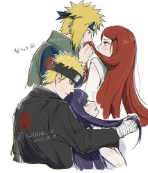 2boys 2girls bandaged_hand bandages black_hair blonde_hair blue_eyes blush couple dated facial_mark forehead_protector grey_eyes hair_ornament hairclip hetero highres holding_another&#039;s_hair husband_and_wife hyuuga_hinata jacket long_hair long_sleeves looking_at_another multiple_boys multiple_girls namikaze_minato naruto:_the_last naruto_(series) naruto_shippuuden notane_n purple_eyes red_hair short_hair spiked_hair twitter_username uzumaki_kushina uzumaki_naruto whisker_markings white_background