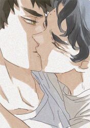 Rule 34 | 2boys, adam&#039;s apple, black hair, brown eyes, brown hair, close-up, closed mouth, commentary request, crew neck, film grain, haikyuu!!, hk smith man, kiss, looking at another, male focus, mole, multiple boys, multiple moles, sakusa kiyoomi, shirt, short hair, t-shirt, thick eyebrows, upper body, ushijima wakatoshi, wavy hair, white shirt, yaoi