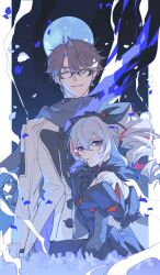 1boy 1girl black_dress black_gloves black_scarf blue_flower blue_petals bronya_zaychik bronya_zaychik_(black_nucleus) bronya_zaychik_(fleurs_du_mal) brown_hair closed_eyes commentary_request dress falling_petals flower full_moon fur_collar glasses gloves grey_hair grey_jacket high_ponytail highres honkai_(series) honkai_impact_3rd jacket kk69to5zf08044 long_hair moon multicolored_hair night night_sky orange_eyes orange_hair petals ponytail scarf short_hair single_drill sky smile streaked_hair two-tone_hair very_short_hair welt_yang
