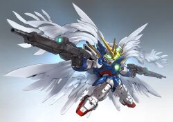 Rule 34 | absurdres, beam rifle, chibi, chinese commentary, commentary request, dual wielding, energy gun, finger on trigger, foreshortening, full body, glowing, glowing eye, gradient background, green eyes, gun, gundam, gundam wing, gundam wing: endless waltz, highres, holding, holding gun, holding weapon, legs apart, making-of available, mecha, mecha focus, mechanical wings, mobile suit, no humans, outstretched arms, robot, science fiction, sd gundam, solo, spread arms, v-fin, weapon, wing gundam zero custom, wings, zakuma