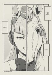 Rule 34 | 1girl, animal, animal ears, bow, bowtie, clenched teeth, commentary, english commentary, english text, gold ship (racehorse), gold ship (umamusume), hat, horse, horse ears, horse girl, long hair, looking at viewer, monochrome, saliva, smile, teeth, tongue, tongue out, twitter username, tyrone, umamusume, upper body