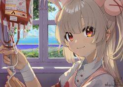 1girl apron bandaged_wrist bandages blonde_hair blood blood_bag blush closed_mouth commentary hair_ornament hashtag-only_commentary hat highres iv_stand long_hair looking_at_viewer merooon natori_sana natori_sana_(nurse) nurse_cap pink_apron pink_hat rabbit_hair_ornament red_eyes sana_channel shirt signature solo twitter_username virtual_youtuber white_shirt window