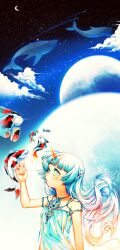 1girl armlet bare_arms bare_shoulders blue_dress blue_eyes blue_hair blunt_bangs braid cloud commentary crescent_moon dress english_commentary fish flying_fish gradient_hair horns jewelry koi light_blush long_hair looking_at_animal moon multicolored_hair necklace orange_horns original outstretched_hand parted_lips petting planet satchely side_braid single_horn solo space star_(sky) strapless strapless_dress unicorn_horn upper_body very_long_hair whale