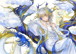 1girl ambience_synesthesia arknights bai_hai_kong_lu bare_shoulders blonde_hair blue_hair breasts chinese_commentary choker closed_mouth commentary_request dragon_girl dragon_horns dragon_tail dress grey_eyes grey_hair hair_between_eyes highres horns in_tree long_hair long_sleeves looking_at_viewer multicolored_hair off_shoulder official_alternate_costume on_tree plant pointy_ears shu_(arknights) shu_(bingwenyuyou)_(arknights) sitting sitting_in_tree solo tail tree very_long_hair white_dress yellow_choker