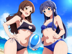 2girls absurdres angry ball bare_arms beach beachball bikini black_bikini black_hair blue_bikini blue_eyes blue_sky blunt_bangs blunt_ends blush breasts brown_eyes brown_hair cleavage cleavage_cutout clenched_hands clenched_teeth clothing_cutout cloud day highres holding holding_ball holding_beachball idolmaster idolmaster_million_live! idolmaster_million_live!_theater_days kitazawa_shiho long_hair looking_at_another medium_breasts mei_ichi mogami_shizuka multiple_girls navel ocean open_mouth outdoors parted_bangs sidelocks sky small_breasts smile swimsuit teeth v-shaped_eyebrows