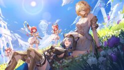5girls aglaea_(honkai:_star_rail) animal_ears animal_hood bare_shoulders black_gloves blonde_hair blue_sky boots breasts cat_ears cat_girl cat_hood cipher_(honkai:_star_rail) cleavage closed_mouth cloud dress e_buki fingerless_gloves gloves gold_boots grey_hair highres honkai:_star_rail honkai_(series) hood looking_at_another multiple_girls open_mouth outdoors red_hair short_hair sky smile sun thigh_boots thigh_strap trianne_(honkai:_star_rail) tribbie_(honkai:_star_rail) trinnon_(honkai:_star_rail) white_dress
