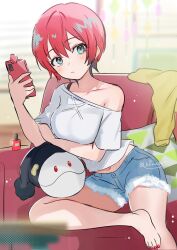 1girl amate_yuzuriha aqua_eyes artist_name barefoot beanie black_hat blue_shorts breasts cellphone commentary_request cosmetics couch crop_top denim denim_shorts gundam gundam_gquuuuuux haro hat highres holding holding_phone looking_at_viewer midriff nail_polish_bottle niwata0 on_couch phone pillow red_hair shirt short_hair short_sleeves shorts smartphone underwear
