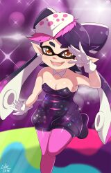 1futa black_hair black_jumpsuit breasts bulge callie_(splatoon) cleavage exlic fangs futanari highres inkling jumpsuit medium_breasts nintendo pantyhose penis pink_pantyhose pointy_ears short_jumpsuit solo splatoon_(series) tentacle_hair testicles twintails yellow_eyes