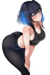1girl absurdres ass black_hair black_pants black_sports_bra blue_eyes blue_hair blush breasts cleavage collarbone helldeer highres hololive hololive_english large_breasts leaning_forward looking_at_viewer midriff multicolored_hair ouro_kronii pants parted_lips simple_background solo sports_bra two-tone_hair virtual_youtuber white_background yoga_pants
