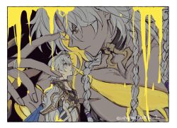 Rule 34 | 2boys, antenna hair, armor, artist name, black background, blue eyes, braid, closed mouth, coat, collarbone, collared coat, commentary request, dark-skinned male, dark skin, from side, giant, giant male, grey hair, hair between eyes, hand up, high collar, highres, honkai: star rail, honkai (series), leaning forward, long sleeves, looking at another, looking down, looking up, mini person, multiple boys, muscular, muscular male, nanook (honkai: star rail), parted bangs, phainon (honkai: star rail), scar, scars all over, short hair, shoulder armor, standing, too many, toramaru (696anna), twitter username, wavy hair, yellow blood, yellow eyes