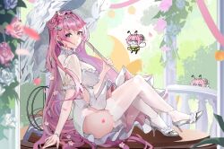 1girl absurdres arm_support bee blush bow breasts bug commentary_request doro_(nikke) dorothy_(nikke) dress earrings falling_petals flower frilled_dress frills from_side full_body glint goddess_of_victory:_nikke hair_bow hair_flower hair_ornament hairclip hand_up high_heels highres holding holding_umbrella insect jewelry knees_up large_breasts long_hair looking_at_viewer open_mouth petals pink_flower pink_hair pink_nails pink_ribbon pink_rose plant purple_eyes railing ribbon rose see-through_clothes see-through_dress shoes side_slit sideways_glance sijinni silver_shoes sitting solo thighhighs thighs two-sided_dress two-sided_fabric umbrella very_long_hair white_dress white_flower white_rose white_thighhighs white_umbrella
