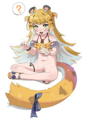1girl :3 ? absurdres animal_ear_fluff animal_ears bikini blonde_hair bottomless colored_inner_hair fang food food_on_face full_body green_eyes highres holding holding_food hottodg indian_style inflatable_armbands ju_fufu loli long_hair looking_at_viewer multicolored_hair navel open_mouth pussy ruffle_bikini simple_background sitting solo speech_bubble spoken_question_mark steamed_bun swimsuit tail thigh_strap tiger_ears tiger_girl tiger_tail toes variant_set white_background white_hair yellow_bikini zenless_zone_zero