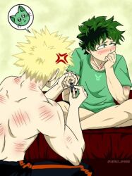 aftersex back bad_tag bakudeku bakugou_katsuki bare_back blonde_hair blush boku_no_hero_academia bones_(company) cat crossed_legs curly_hair freckles green_eyes green_hair legs midoriya_izuku no_shirt pants scratches shirt shorts shounen_jump siting spiked_hair vero_gisse