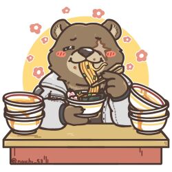 1boy animal_ears bear_boy bear_ears ben_bigger black_tank_top blush bowl brown_fur chibi chibi_only chopsticks closed_eyes commentary eating english_commentary facing_viewer flower food furry furry_male holding holding_bowl holding_chopsticks jacket male_focus noichi_53 noodles ramen scar scar_across_eye scar_on_face slurping smile table tank_top twitter_username white_jacket zenless_zone_zero