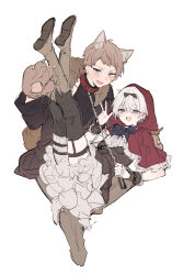 Rule 34 | 2boys, :d, animal ear fluff, animal ears, animal hands, astel (ikeuchi tanuma), black bow, black jacket, black shirt, black thighhighs, blush, boots, bow, brown boots, brown gloves, brown hair, brown skirt, capelet, character request, check character, collar, crossdressing, crossdressing (mtf), frilled capelet, frills, fur-trimmed jacket, fur trim, gloves, grey hair, hair between eyes, highres, holding, holding leash, hood, hood up, hooded capelet, ikeuchi tanuma, jacket, leash, legs up, long sleeves, male focus, multiple boys, open clothes, open jacket, open mouth, original, paw gloves, purple eyes, red capelet, red collar, rudy (ikeuchi tanuma), shirt, shoe soles, simple background, skirt, smile, sweat, thighhighs, thighhighs under boots, white background, white shirt