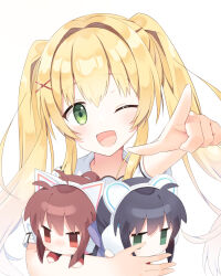 Rule 34 | 1girl, ;d, ahoge, animal ears, black hair, blonde hair, blush, brown hair, cat ears, character doll, commentary request, company connection, doll, fake animal ears, green eyes, hair between eyes, hair intakes, hair ornament, happy, haruchimo, highres, holding, holding doll, index finger raised, jitome, kanon, kawasumi mai, key (company), little busters!, long hair, looking at viewer, natsume rin, one eye closed, open mouth, paid reward available, pointing, pointing at viewer, red eyes, school uniform, shirt, short sleeves, sidelocks, simple background, smile, solo, summer pockets, tsumugi wenders, twintails, upper body, white background, white shirt, x hair ornament