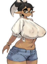 1girl black_hair breasts brown_eyes callie_(splatoon) cephalopod_eyes covered_erect_nipples crop_top curvy dark-skinned_female dark_skin earrings highres hoop_earrings huge_breasts jewelry large_areolae long_hair mole mole_under_eye navel nintendo pointy_ears see-through_clothes see-through_shirt shirt short_shorts shorts splatoon_(series) tan tanline tentacle_hair thick_thighs thighs thong yuta_agc