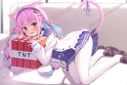 1girl absurdres ahoge animal_ears aqua_hair blouse blue_dress blue_serafuku blue_skirt blunt_bangs blush braid cat_ears cat_girl cat_tail colored_inner_hair dress explosive frilled_shirt_collar frills hairband highres hololive loafers long_hair long_sleeves looking_at_viewer lying minato_aqua minato_aqua_(1st_costume) minato_aqua_(sailor) multicolored_hair nail_polish on_side open_mouth pantyhose pink_eyes pink_hair pleated_skirt ribbon sailor_collar school_uniform serafuku shirt shoes sidelocks skirt sleeves_past_wrists smile solo streaked_hair tail tail_ornament tail_ribbon tnt tnt_block_(minecraft) twin_braids two-tone_hair virtual_youtuber white_pantyhose white_shirt xue_lu