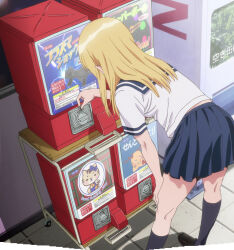 1girl anime_screenshot ass ass_focus black_shoes black_socks blonde_hair blue_skirt coin female_focus highres kyou_no_asuka_show kyouno_asuka legs long_hair miniskirt pleated_skirt school_uniform serafuku shoes short_sleeves skirt socks solo solo_focus stitched thighs third-party_edit white_serafuku
