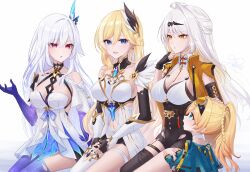 Rule 34 | 4girls, absurdres, aged down, arm guards, asymmetrical gloves, bare shoulders, black gloves, black thighhighs, blonde hair, blue eyes, breasts, dress, durandal (honkai impact), durandal (reign solaris) (honkai impact), elbow gloves, fingerless gloves, genshin impact, gloves, hair between eyes, hand up, highres, honkai (series), honkai impact 3rd, jacket, looking at another, looking at viewer, mihoyo, multiple girls, noto mamiko, open clothes, open jacket, open mouth, own hands clasped, own hands together, parted lips, pink eyes, rinna (xxrinna), simple background, single thighhigh, sitting, skirk (genshin impact), smile, thighhighs, uneven gloves, voice actor connection, white background, white dress, white hair, white thighhighs, yellow eyes, yixuan (zenless zone zero), zenless zone zero