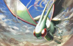 antennae blue_sky claws cloud commentary_request compound_eyes desert dragon dust_cloud flygon flying gen_3_pokemon green_wings hisui-cha nintendo no_humans outdoors pokemon pokemon_(creature) red_eyes sand sky tail tornado wings