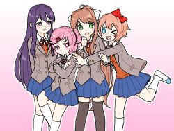 4girls black_thighhighs blue_eyes blue_skirt bow breasts bright_pupils brown_cardigan brown_hair brown_jacket bseibutsu cardigan doki_doki_literature_club doki_doki_literature_club_school_uniform feet_out_of_frame flat_chest gradient_background green_eyes hair_bow hug jacket long_hair long_sleeves looking_at_another looking_at_viewer medium_breasts monika_(doki_doki_literature_club) multiple_girls natsuki_(doki_doki_literature_club) neck_ribbon one_eye_closed open_mouth pink_background pink_hair pleated_skirt purple_eyes purple_hair red_ribbon ribbon sayori_(doki_doki_literature_club) school_uniform shirt shoes short_hair skirt smile socks standing thighhighs uwabaki white_pupils white_shirt white_socks yuri_(doki_doki_literature_club)