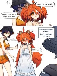Rule 34 | 1boy, 2girls, belle (summer skies) (zenless zone zero), belle (zenless zone zero), blush, choker, dorahdew, dress, eyepatch, green eyes, hat, highres, koleda belobog, multiple girls, one eye covered, red eyes, red hair, speech bubble, sun hat, sundress, swimsuit, thought bubble, wise (zenless zone zero), zenless zone zero