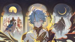 4boys 4girls absurdres aglaea_(honkai:_star_rail) alternate_form antenna_hair architecture armor asymmetrical_wings black_choker black_cloak black_shirt black_wings blood bloody_tears blue_cape cape castorice_(honkai:_star_rail) choker cloak closed_eyes coat cracked_skin flame_reaver_of_the_deepest_dark greco-roman_architecture hand_on_own_chest highres holding holding_sword holding_weapon honkai:_star_rail honkai_(series) hood hood_up hooded_cloak hyacine_(honkai:_star_rail) multiple_boys multiple_girls mydei_(honkai:_star_rail) pauldrons phainon_(honkai:_star_rail) shirt short_hair shoulder_armor side_cape single_pauldron sword tribbie_(honkai:_star_rail) weapon weyowang white_coat white_hair wings yellow_blood yellow_wings