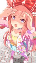 1girl absurdres agnes_digital_(umamusume) animal_ears blue_eyes blue_skirt bow collarbone hair_bow heisei_retro highres horse_ears horse_girl horse_tail jacket jojifuku long_hair long_sleeves open_clothes open_jacket open_mouth pleated_skirt red_bow scrunchie skirt solo standing tail thighhighs umamusume white_thighhighs wrist_scrunchie yukke_jan