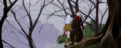 1boy 1girl alchemist_(ragnarok_online) bare_tree black_coat boots brown_cape brown_dress cape coat commentary_request dress from_behind full_body grey_sky holding holding_staff long_hair long_sleeves lowres mr.romance multicolored_coat outdoors priest_(ragnarok_online) ragnarok_online red_coat short_dress short_hair sky staff tree two-tone_coat walking white_hair