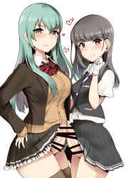 Rule 34 | 2futa, aqua eyes, aqua hair, asymmetrical docking, black vest, breast press, breasts, brown jacket, brown skirt, closed mouth, cowboy shot, frilled skirt, frills, frottage, futanari, gloves, grey hair, grey skirt, hair ornament, hairpin, hand on own face, hayashio (kancolle), heart, highres, jacket, kantai collection, kneehighs, large breasts, long hair, looking at viewer, medium breasts, minase (takaoka nanase), miniskirt, multiple futa, orange eyes, penis, penises touching, pleated skirt, red ribbon, ribbon, shirt, short hair, simple background, skirt, smile, socks, suzuya (kancolle), suzuya kai ni (kancolle), symmetrical docking, vest, white background, white gloves, white shirt