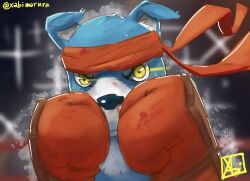 Rule 34 | blue fur, blurry, blurry background, body fur, boxing gloves, digimon, digimon (creature), eye trail, gaomon, gloves, headband, highres, light trail, red gloves, red headband, twitter username, upper body, xabimaruru, yellow eyes