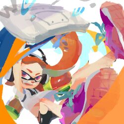 Rule 34 | 1girl, :d, bike shorts, black shorts, fang, game console, headphones, ink tank (splatoon), inkling, inkling girl, inkling player character, long hair, nintendo, open mouth, orange hair, pink shoes, red eyes, seijisartworks, shirt, shoelaces, shoes, short sleeves, shorts, single vertical stripe, smile, sneakers, solo, splatoon (series), splatoon 1, splattershot (splatoon), super soaker, t-shirt, teeth, tentacle hair, white shirt, wii u