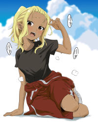 Rule 34 | 1girl, arm support, black shirt, blonde hair, blue sky, brown eyes, clothes around waist, commentary request, dark-skinned female, dark skin, full body, gym shorts, highres, hugimosi, ichinose karina, jacket, jacket around waist, looking at viewer, manemane nichinichi, medium hair, open mouth, ponytail, red jacket, shirt, shoes, short sleeves, shorts, sidelocks, sitting, sky, solo, sweat, teeth, track jacket, upper teeth only, white shoes