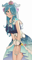 1girl :3 absurdres alternate_costume aqua_eyes aqua_sailor_collar asymmetrical_bangs asymmetrical_sidelocks bead_bracelet beads bike_shorts bike_shorts_under_skirt blue_dress blue_eyes blue_hair blue_nails blue_sailor_collar blue_shorts blue_wings bow bowing bowtie bracelet breasts chest_bow cleavage closed_mouth clothing_cutout collarbone colored_tips commentary cowboy_shot criss-cross_straps cross-shaped_pupils crown curtsey dot_nose dress dress_bow elira_pendora english_commentary eyebrows_hidden_by_hair fingernails flower frilled_dress frilled_sailor_collar frills fur-trimmed_dress fur_trim gold_crown gold_trim gradient_clothes gradient_dress hair_flower hair_ornament hair_over_one_eye hair_wings half-closed_eyes hands_on_own_thighs head_wings highres hoop_skirt jewelry karassawa large_breasts layered_dress leaning_forward legs_together long_dress long_eyelashes long_hair looking_at_viewer looking_to_the_side multicolored_dress multicolored_hair multicolored_sailor_collar narrowed_eyes navel navel_cutout nijisanji nijisanji_en own_hands_together parted_bangs pink_flower pink_rose pleated_dress print_dress purple_crown raised_eyebrows rose sailor_collar shorts showgirl_skirt sidelocks simple_background sleeveless sleeveless_dress smile solo split_mouth standing star_(symbol) star_bracelet streaked_hair symbol-shaped_pupils thick_eyelashes thighs turning_head two-tone_wings v-neck v_arms very_long_hair virtual_youtuber white_background white_bow white_bowtie white_dress white_hair white_sailor_collar white_streaks white_trim white_wings white_wrist_cuffs wings wrist_cuffs