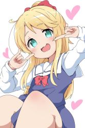 1girl blonde_hair blue_eyes blush bow commentary_request dress hair_bow hands_up heart himesaka_noa long_sleeves looking_at_viewer open_mouth pink_heart ponytail red_bow riyo_(aokiwazumi) sailor_collar sailor_dress school_uniform serafuku simple_background smile solo watashi_ni_tenshi_ga_maiorita! white_background white_sailor_collar