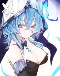 1girl bare_shoulders black_bow black_bowtie blue_hair bow bowtie breasts closed_mouth collar colored_eyelashes detached_collar hair_between_eyes highres hiromi_two large_breasts looking_at_viewer purple_eyes shorekeeper_(wuthering_waves) solo upper_body veil white_collar white_veil wuthering_waves