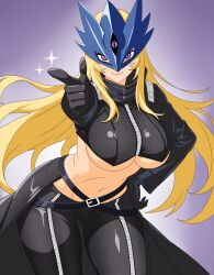 1girl absurdres beelstarmon belt belt_collar black_belt black_cape black_gloves black_mask black_pants black_scarf blonde_hair breasts cape closed_mouth collar commentary cowboy_shot cropped_jacket digimon digimon_(creature) eye_mask finger_gun gloves hand_on_own_hip highres jacket large_breasts leather leather_jacket leather_pants lipstick long_hair long_sleeves looking_at_viewer makeup mask navel pants purple_eyes purple_lips scarf sidelocks slit_pupils smile solo sparkle standing stomach third_eye tight_clothes tight_pants tsubasadraw underboob very_long_hair waist_cape zipper