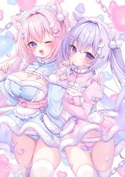 Rule 34 | 2girls, animal ear fluff, animal ears, blue dress, blue panties, blush, breasts, cat ears, cat girl, cat tail, choker, cleavage, cleavage cutout, closed mouth, clothing cutout, dress, hair ornament, headdress, highres, large breasts, long hair, looking at viewer, momochi chia, multiple girls, one eye closed, open mouth, original, panties, pink dress, pink hair, pink panties, purple eyes, purple hair, smile, tail, thighhighs, underwear, white thighhighs