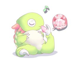 2others big_belly chameleo_arm closed_eyes colored_skin green_skin hands_on_own_stomach kirby kirby_(series) kirby_super_star licking multiple_others musical_note nintendo no_humans saliva simple_background spoken_character vore white_background yundeyuu