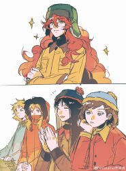 Rule 34 | 5girls, absurdres, animification, black hair, blonde hair, blue eyes, blue hat, blue shirt, blush, breast pocket, brown hair, brown jacket, brown pants, butters stotch, buttons, caramel jiaomitang, chinese commentary, clapping, closed eyes, closed mouth, collared jacket, collared shirt, commentary request, covered mouth, crossed arms, eric cartman, freckles, fur-trimmed jacket, fur trim, gaijin 4koma (meme), genderswap, genderswap (mtf), green eyes, green hat, hair between eyes, hair ornament, hairclip, half-closed eyes, hand on own face, hand up, hands up, hat, highres, hood, hooded jacket, jacket, kenny mccormick, kyle broflovski, long hair, long sleeves, looking at another, looking at viewer, medium hair, meme, multiple girls, open mouth, orange hair, orange jacket, own hands together, pants, pocket, pom pom (clothes), red jacket, shirt, short hair, sidelocks, simple background, sitting, smile, south park, sparkle, stan marsh, upper body, watermark, wavy hair, weibo watermark, white background, yellow jacket